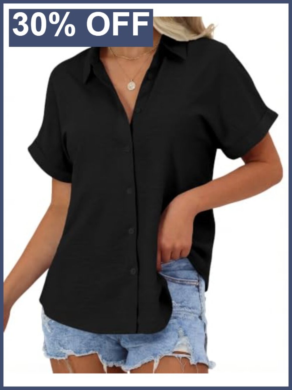 Womens Cotton Button Down Shirt Short Sleeve Linen Feel Casual Blouse